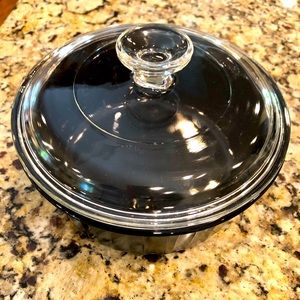 Round black Corningware covered dish